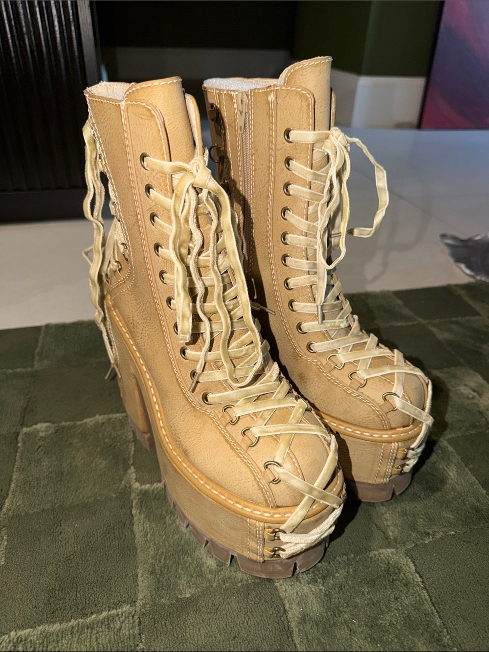 Women's Tan Lace-Up Platform Combat Boots